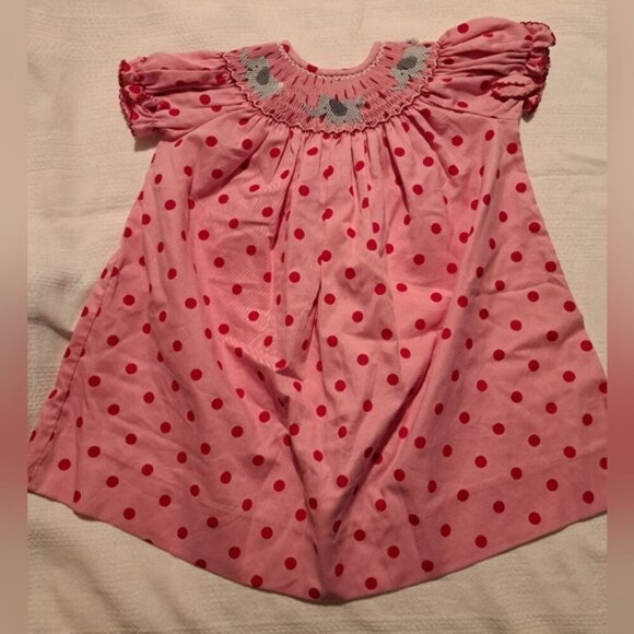 Dibble Dabble girls size 12 months pink with red dot elephant design in smocking - Picture 1 of 6